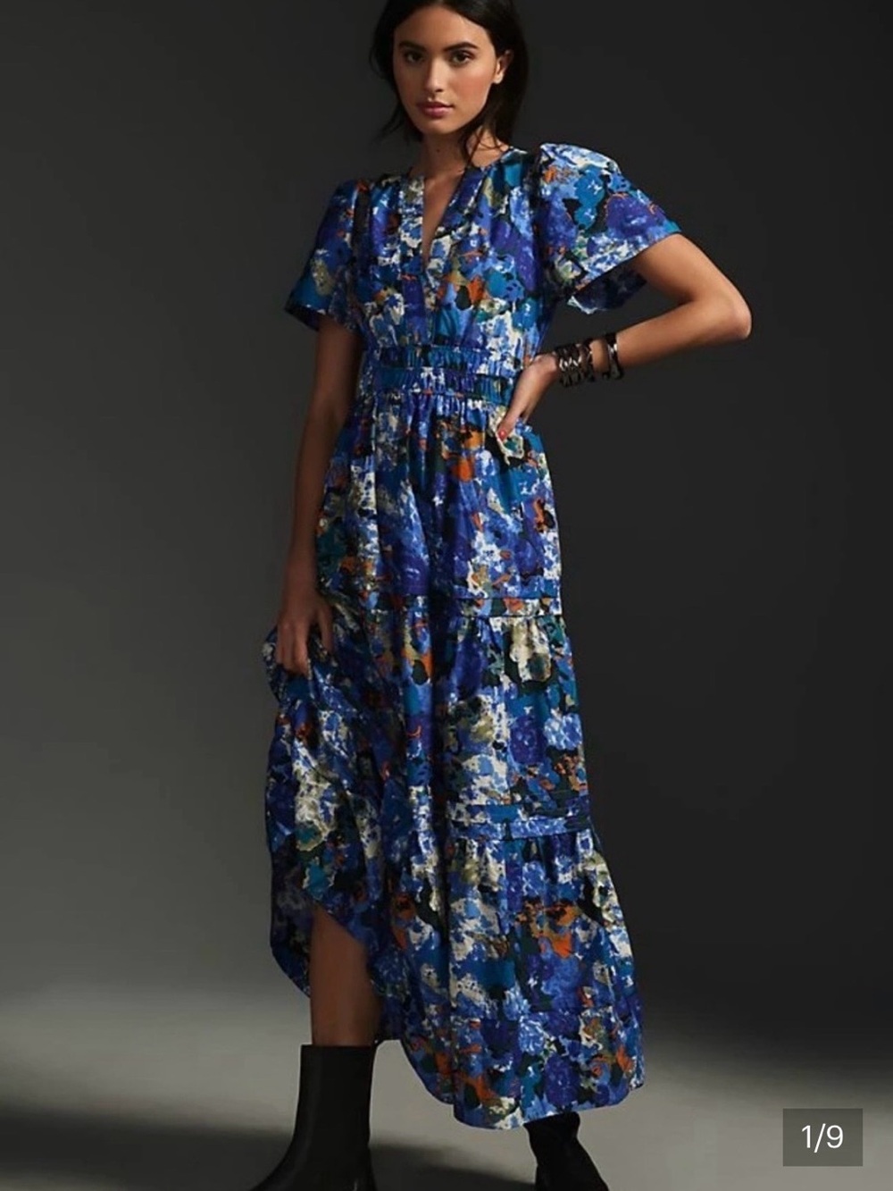 Anthropologie Blue Floral High-Low Maxi Dress